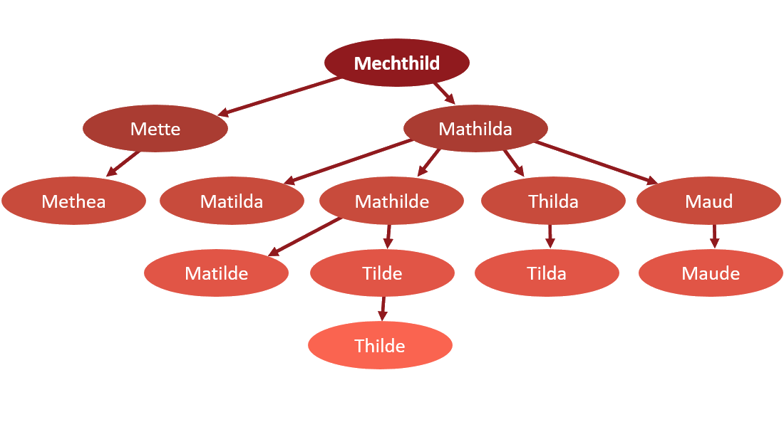 Leksikonet lægger i sin første udgave primært vægt på at kortlægge relationer mellem navne og at vise, hvordan de personnavne, vi bruger i Danmark, ofte stammer fra andre navne. Her kan man fx se, at Mette og Maude begge har oprindelse i det samme oldtyske navn Mechtild.