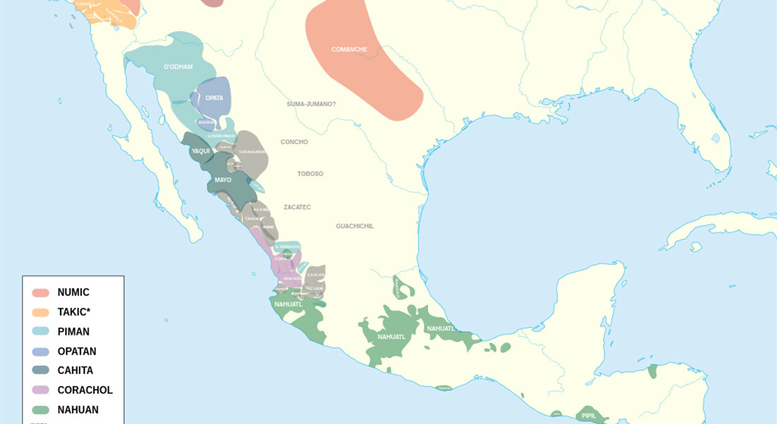 Kort over uto-aztekiske sprogs udbredelse